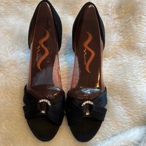 Nina Black Satin Heels with Bow Detail